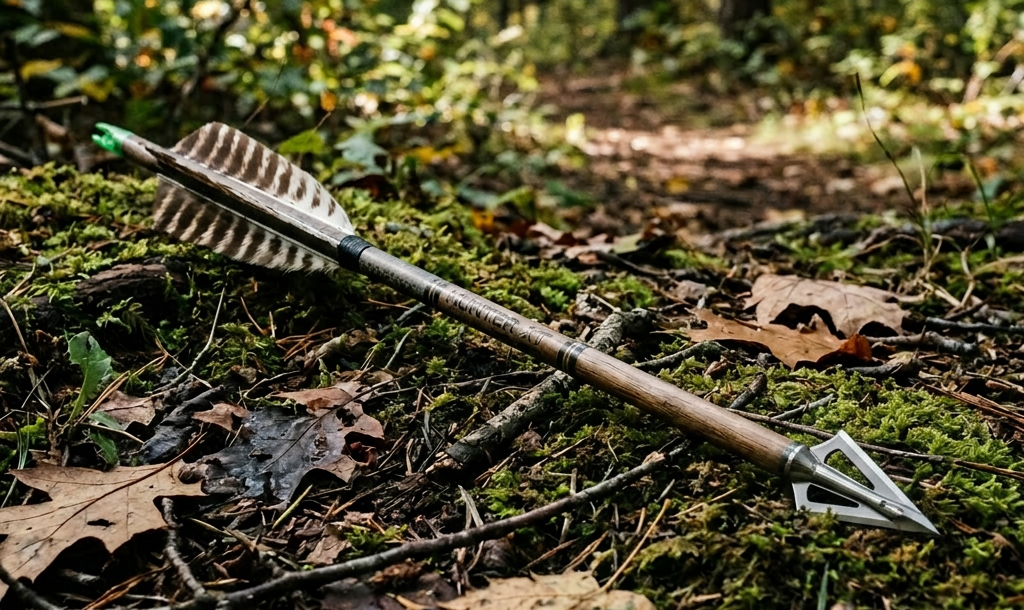 Arrow with striped feathers and broadhead tip lying on moss and fallen leaves